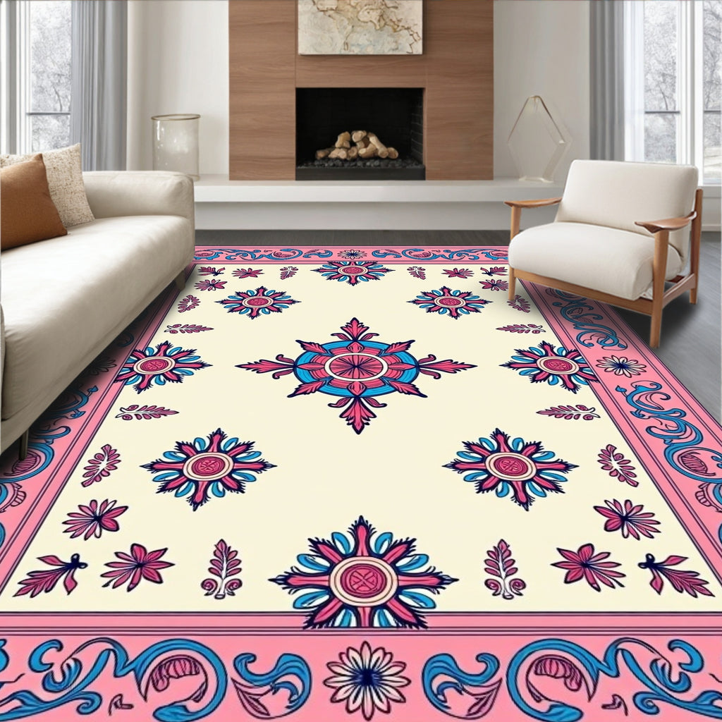 Pink Blue Floral Medallion Textile Rug