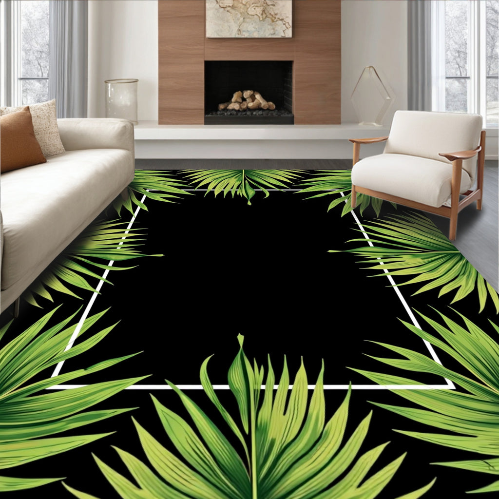 Lush Green Palm Leaf Tropical Border Rug
