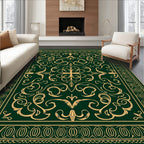 Ornate Gold Scrollwork Forest Green Rug