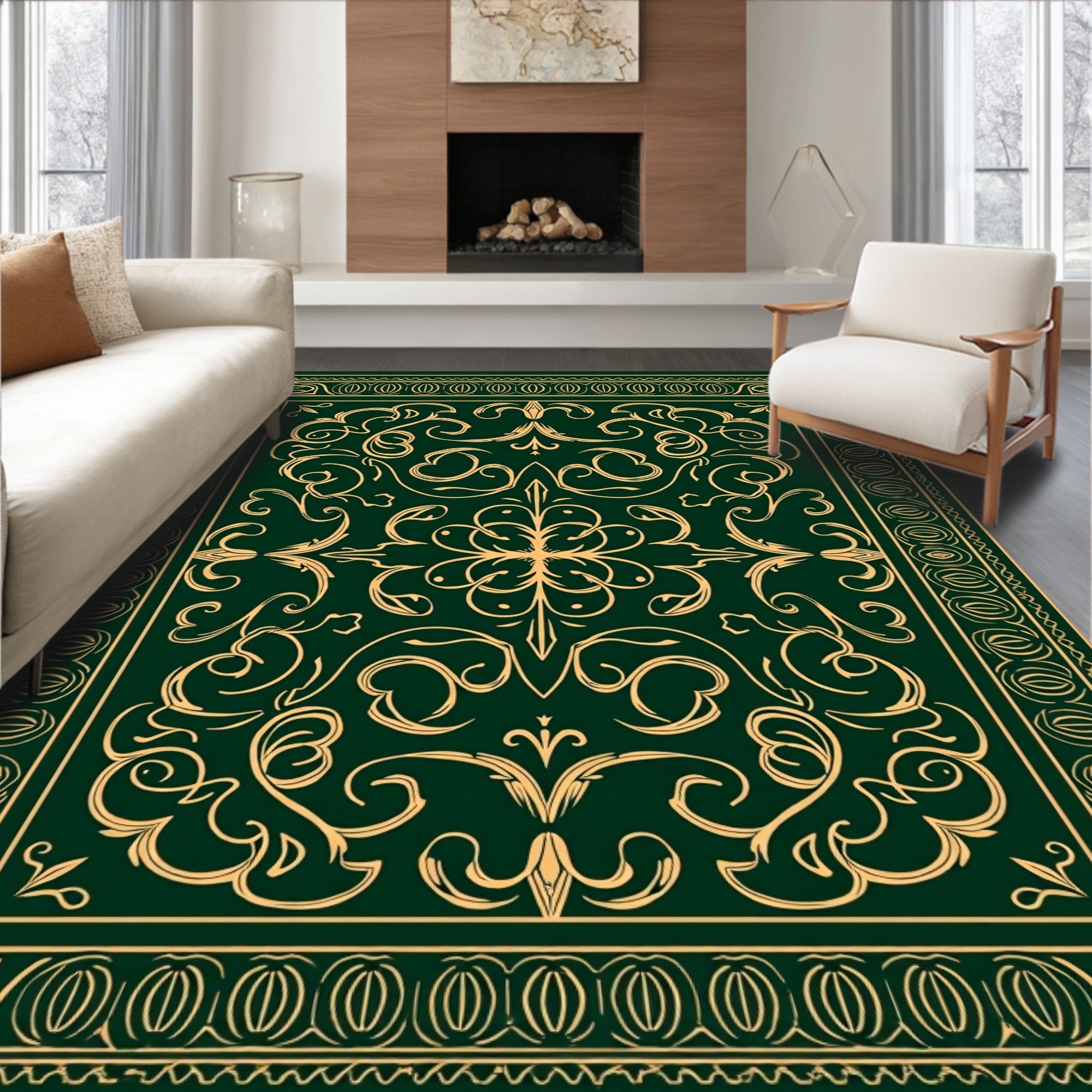 Ornate Gold Scrollwork Forest Green Rug