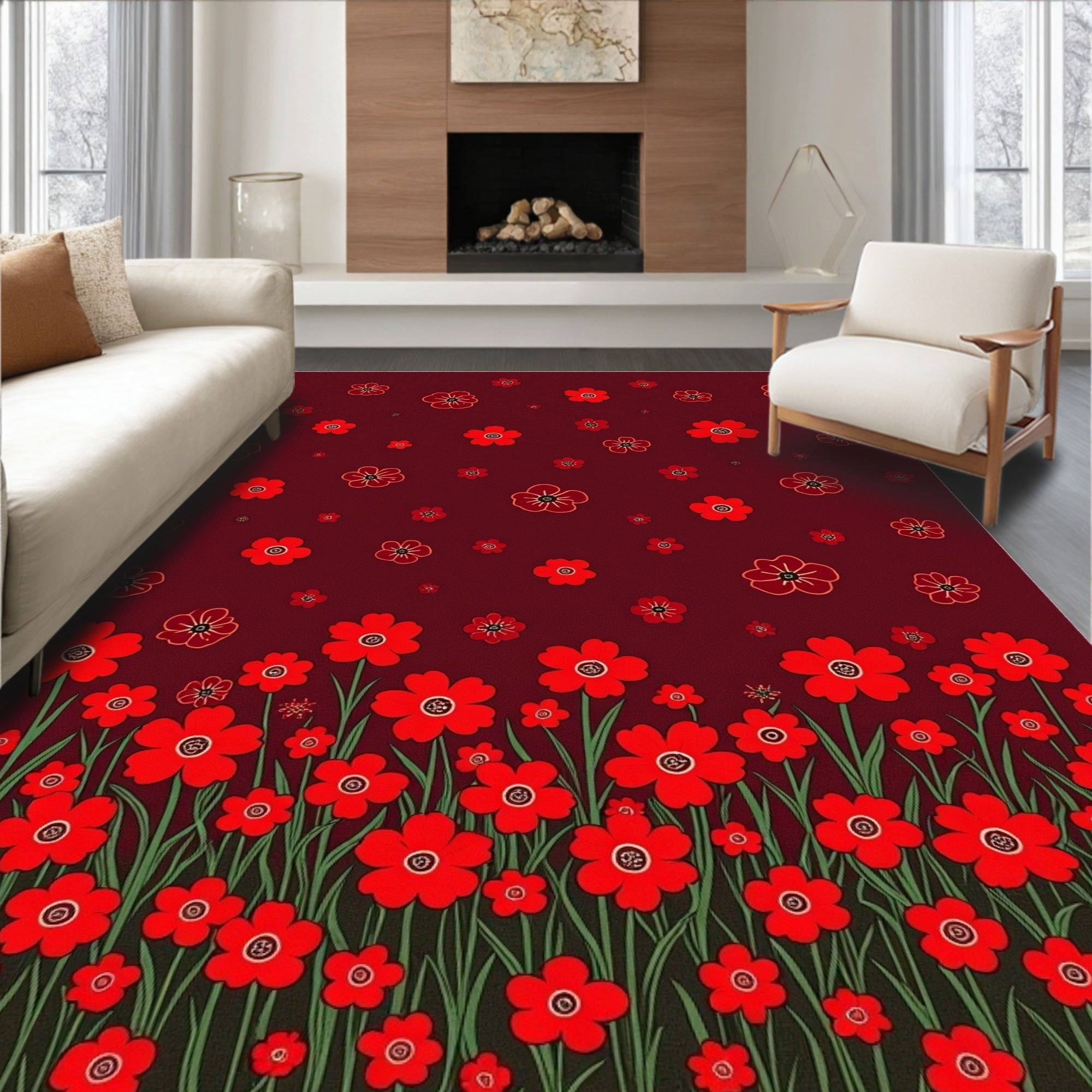 Red Floral Garden Pattern Rug