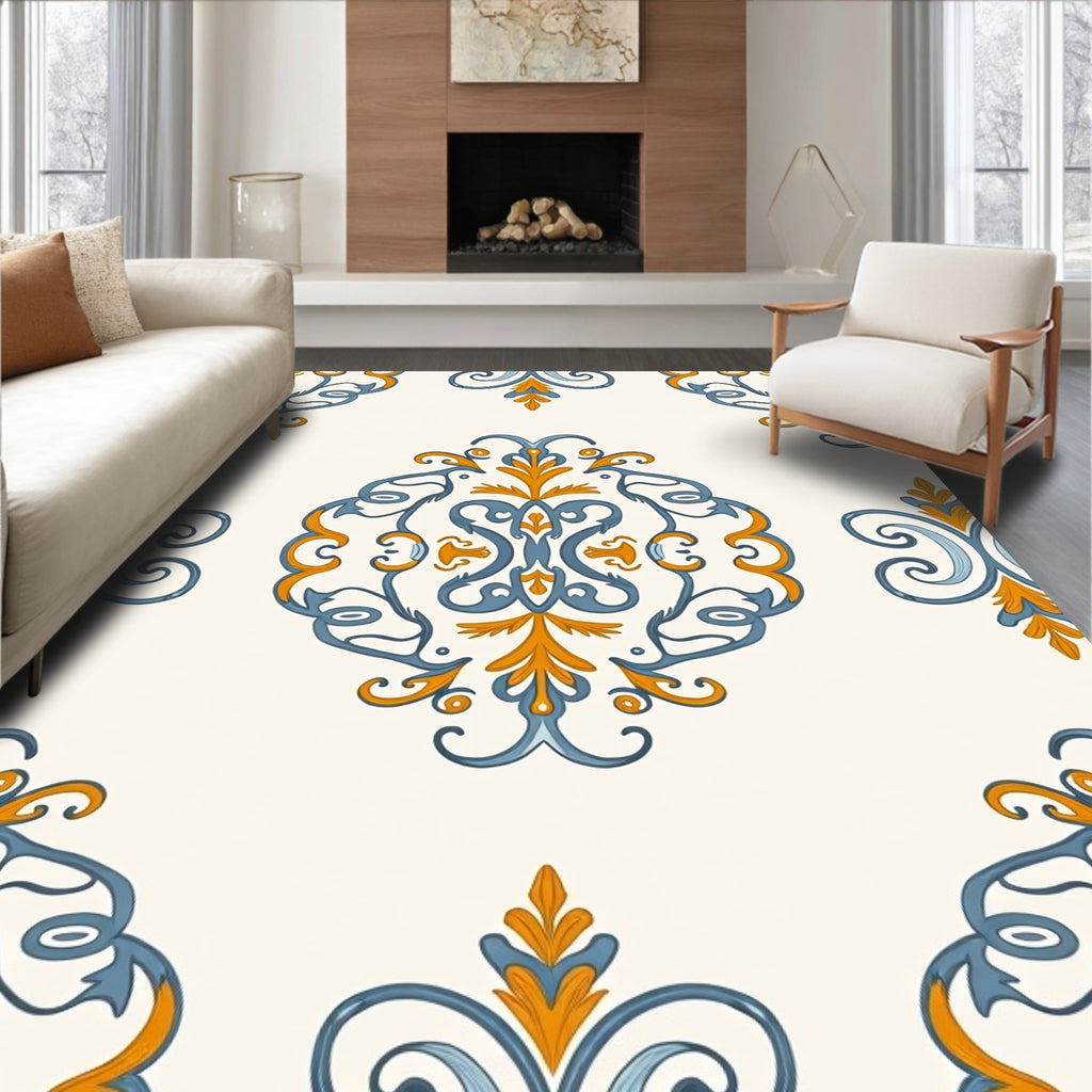 Intricate Blue and Gold Damask Rug