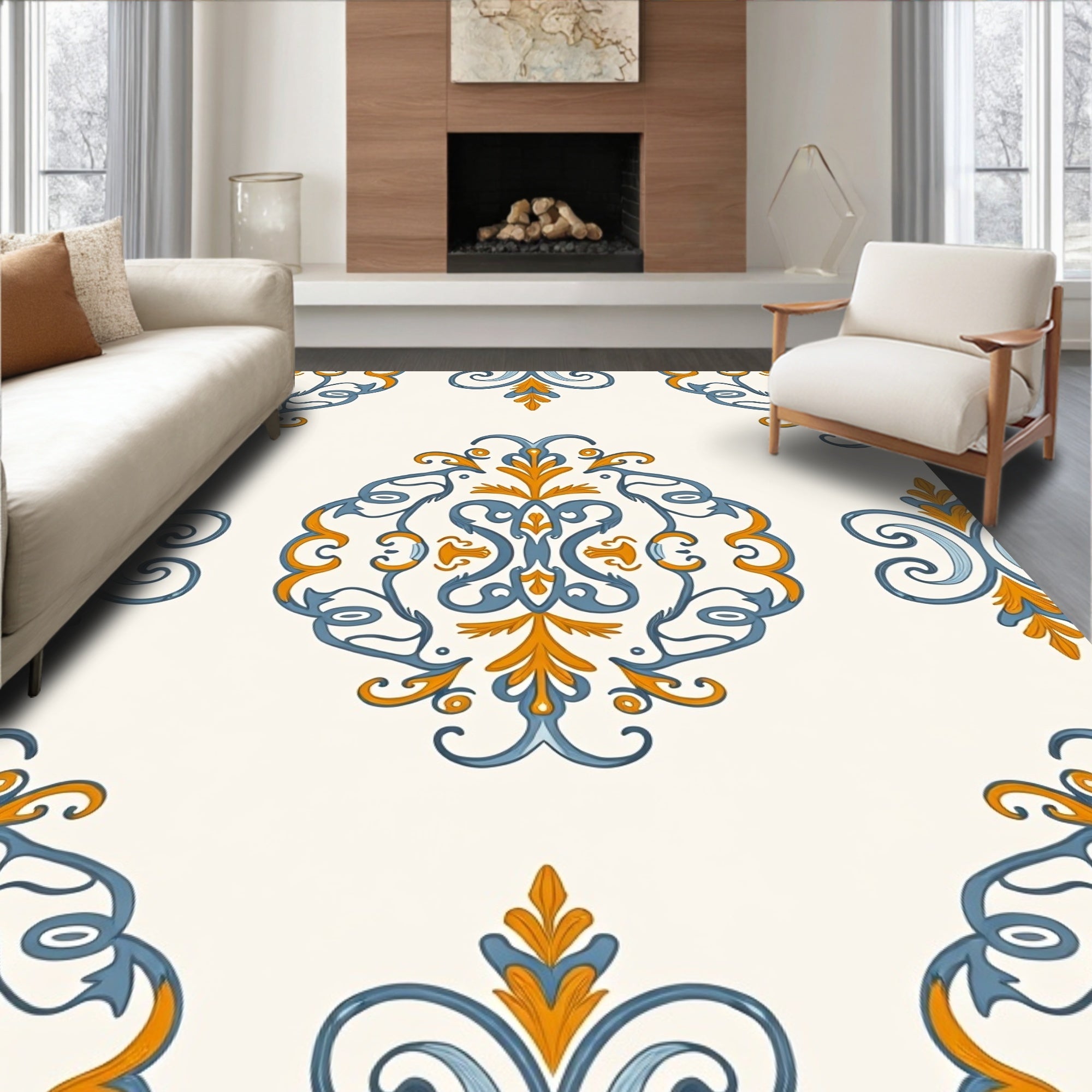Intricate Blue and Gold Damask Rug