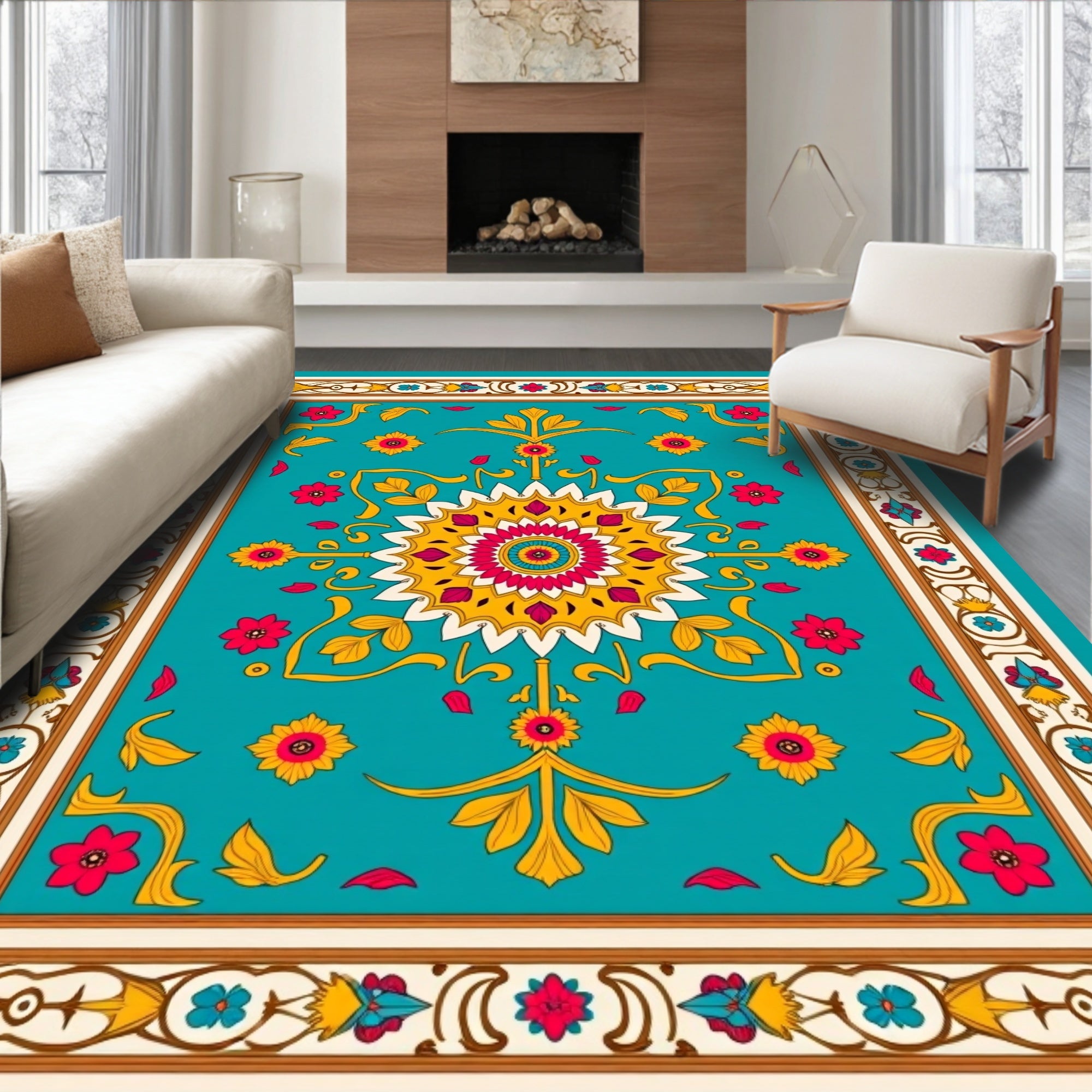 Colorful Floral Medallion Border Design Rug