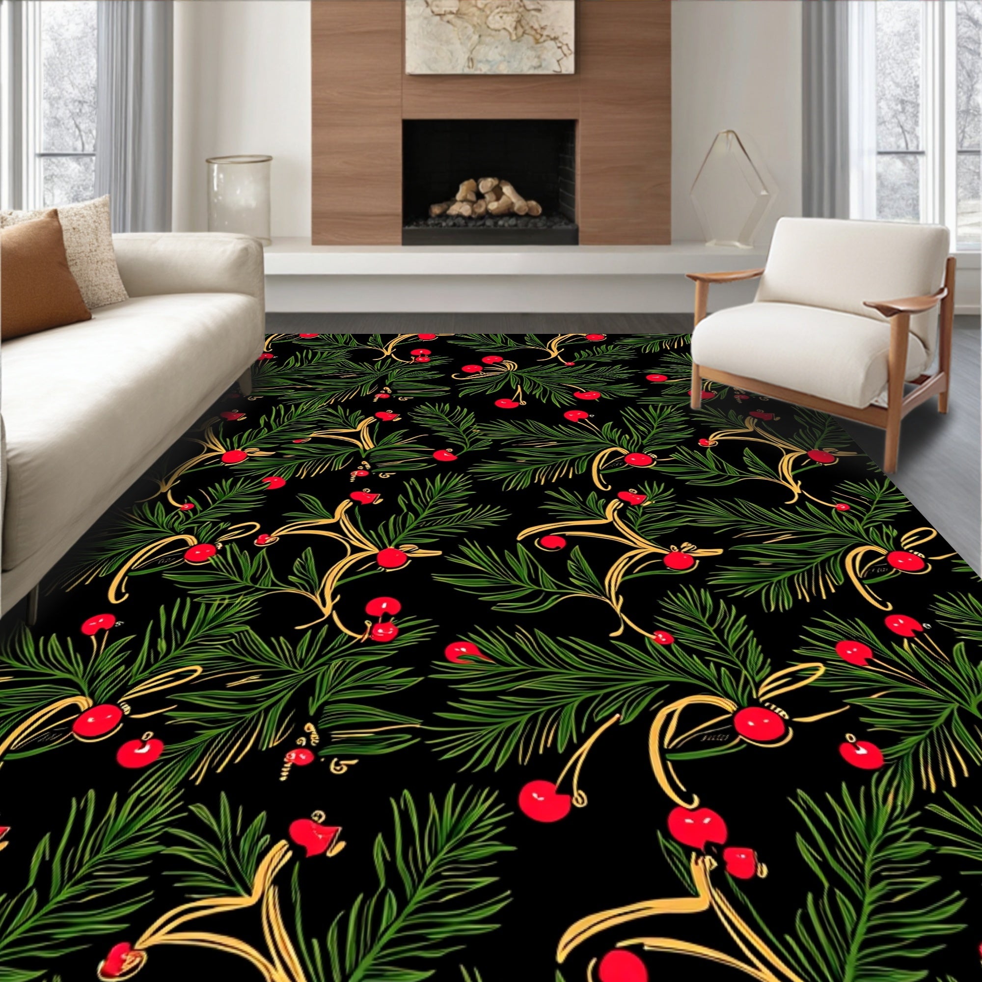 Vibrant Red Berry Evergreen Garland Rug
