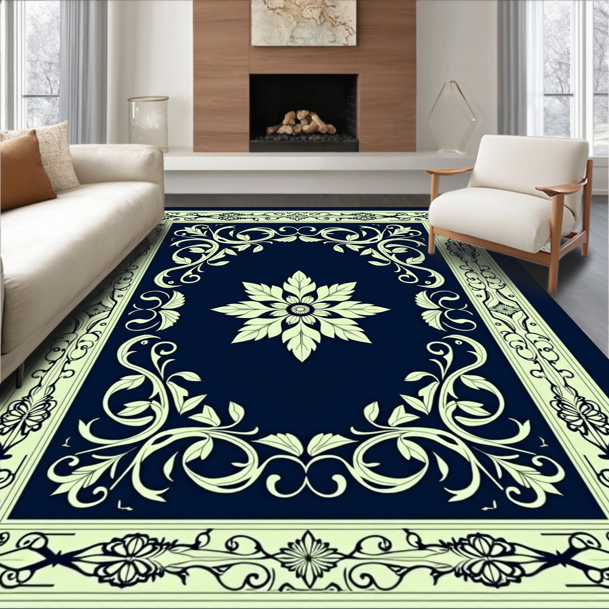 Elegant Floral Bordered Cream Design Rug