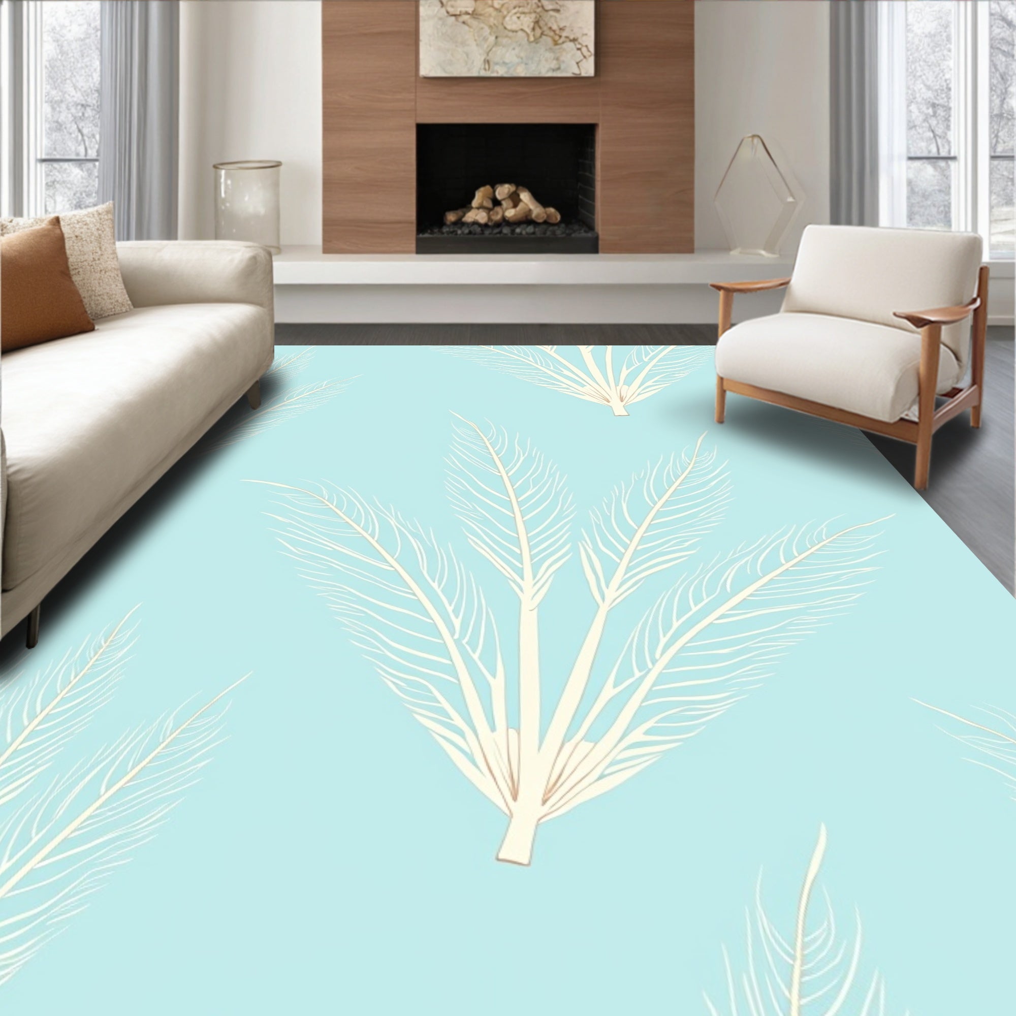 Light Blue Subtle Feather Design Rug