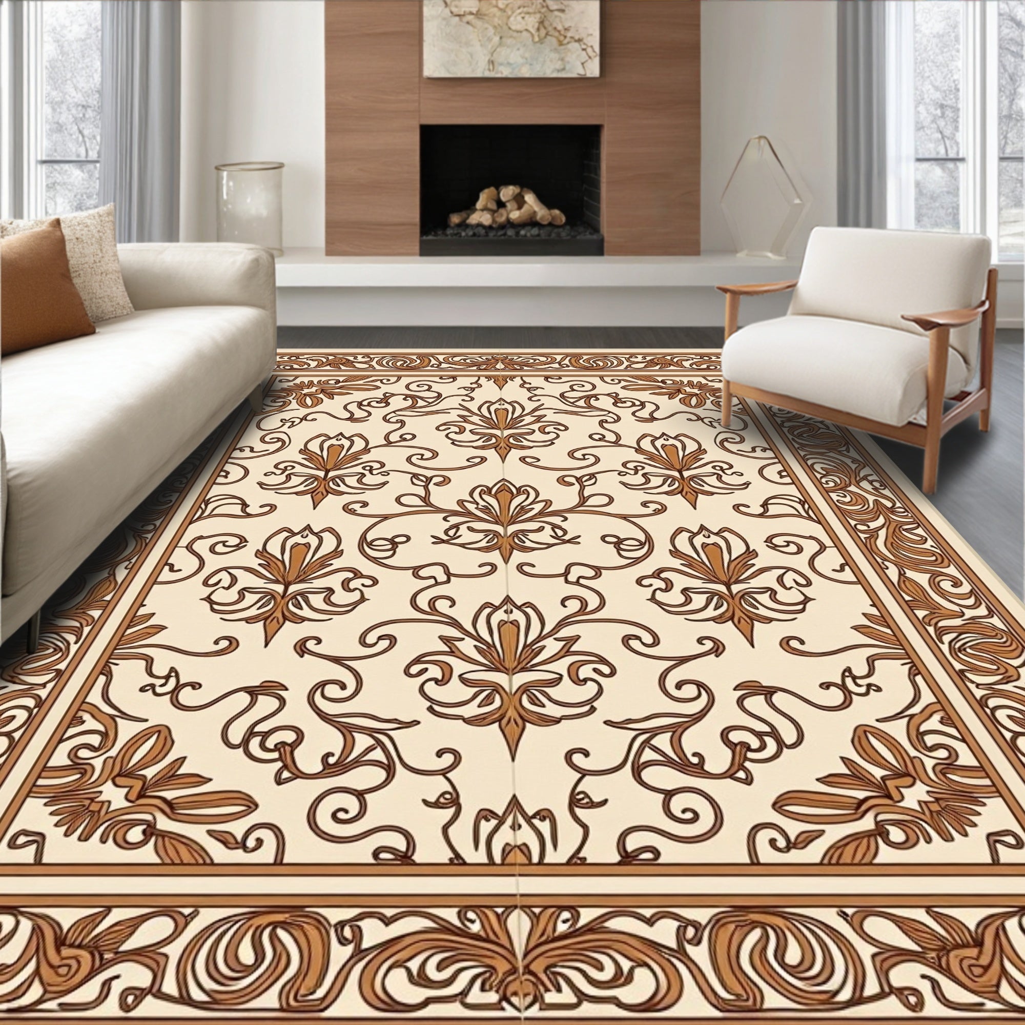 Ornate Floral Damask Scroll Pattern Rug