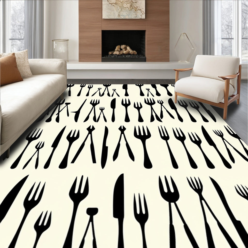 Black Utensils Cream Background Repeat Rug