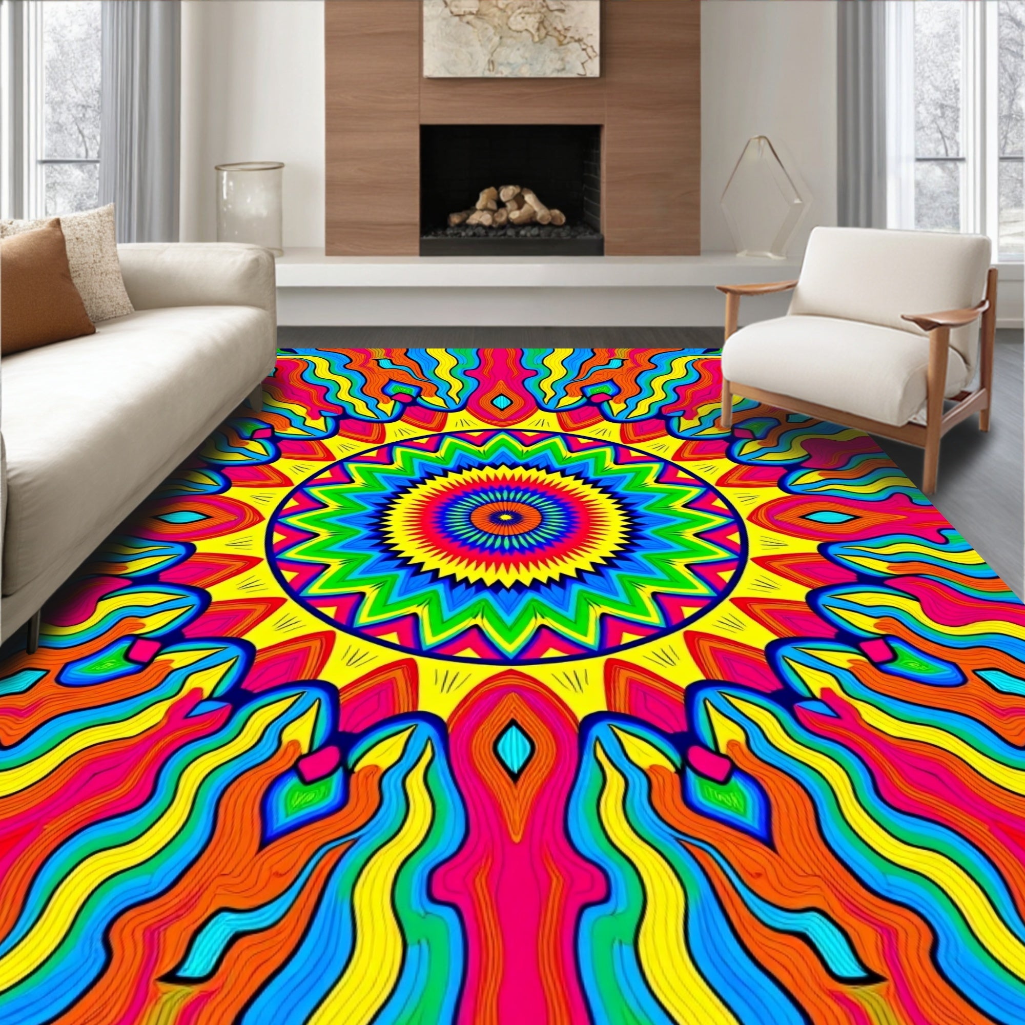 Vibrant Psychedelic Mandala Pattern Rug