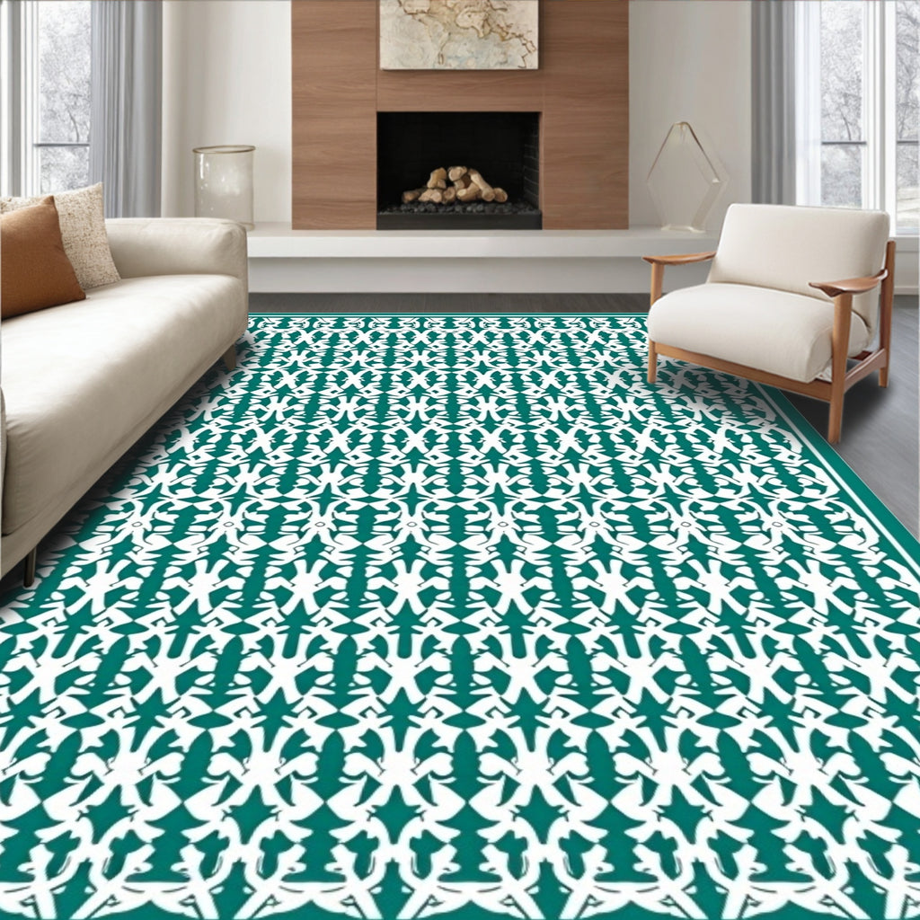 Classic Teal and White Repeating Pattern Rug
