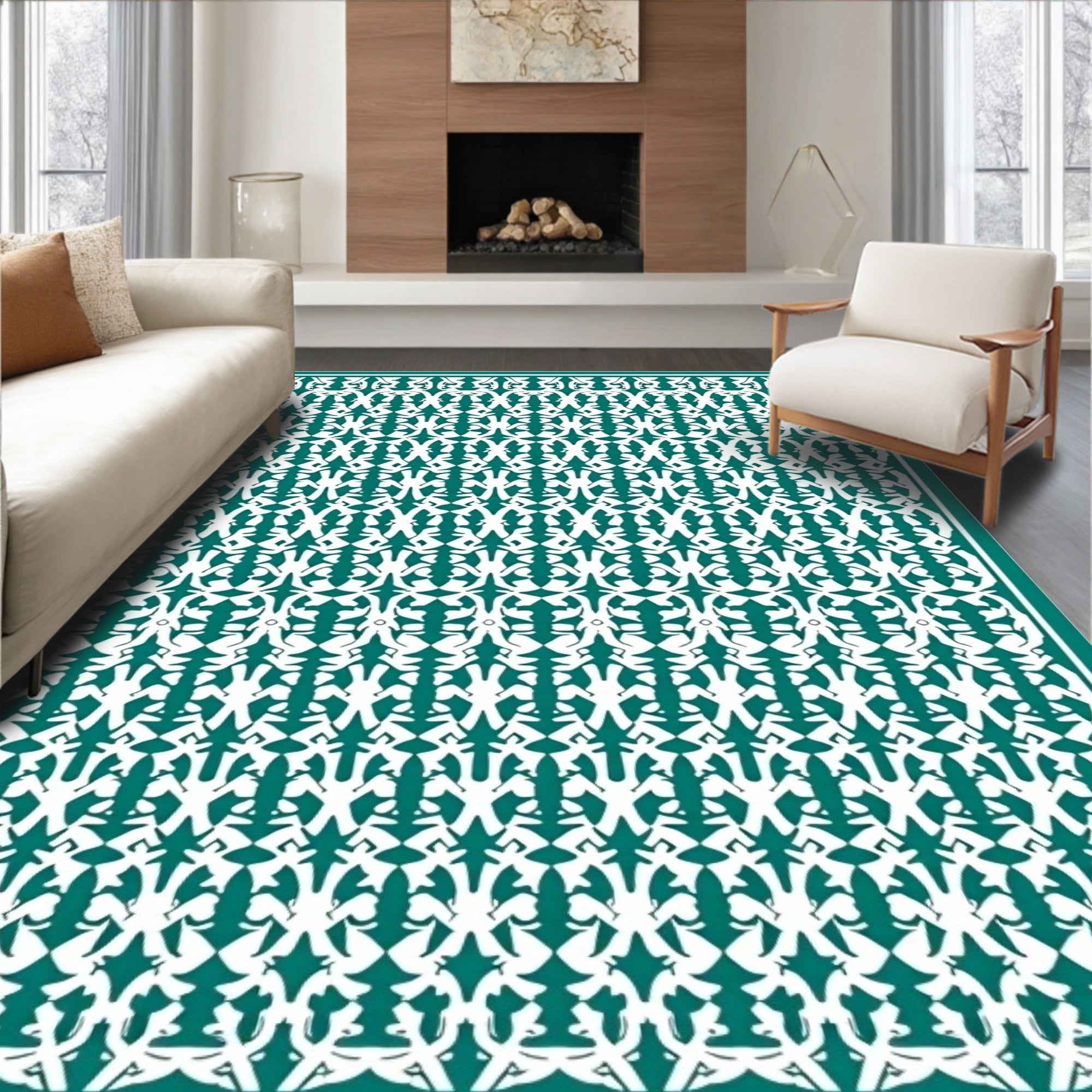 Classic Teal and White Repeating Pattern Rug