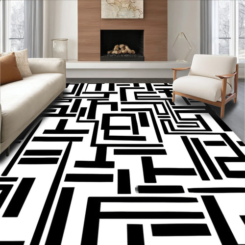 Abstract Labyrinth Black White Design Rug