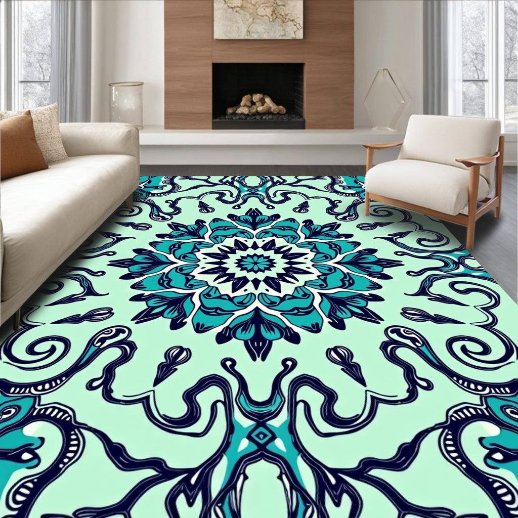 Teal Floral Mandala Pattern Rug