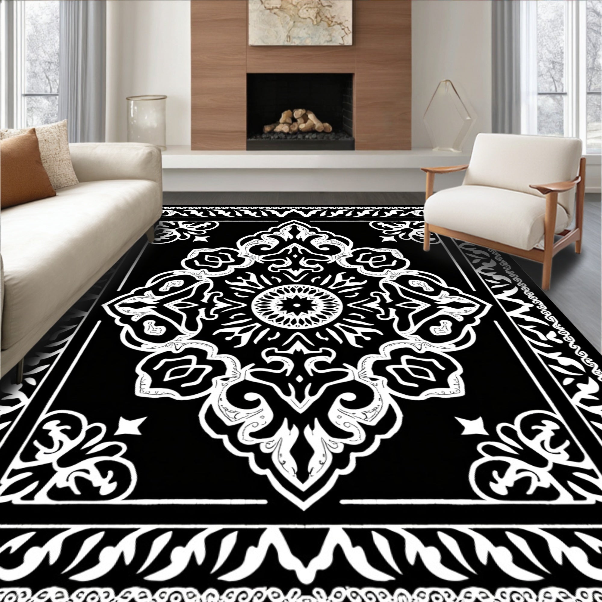 Black White Ornamental Medallion Frame Rug