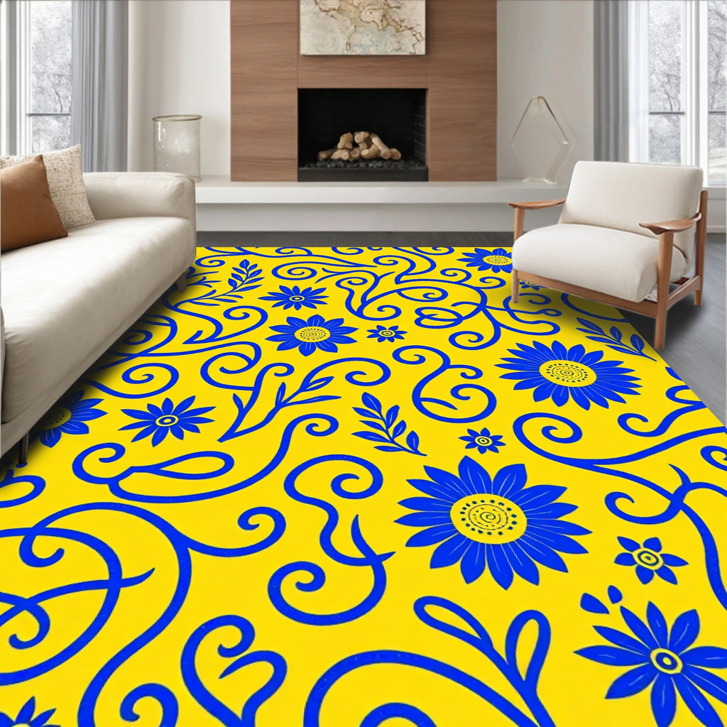 Blue Floral Swirls Yellow Pattern Rug