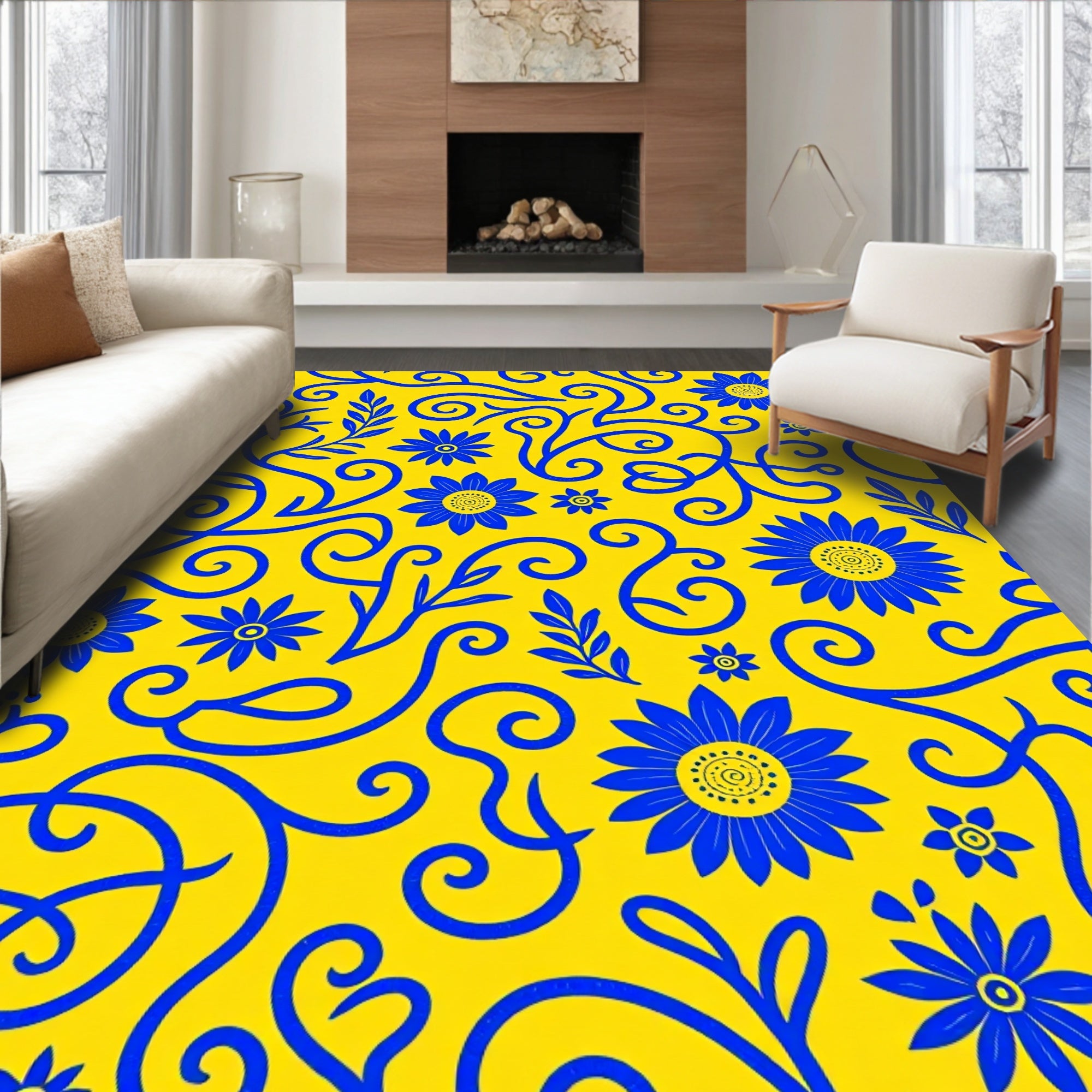Blue Floral Swirls Yellow Pattern Rug