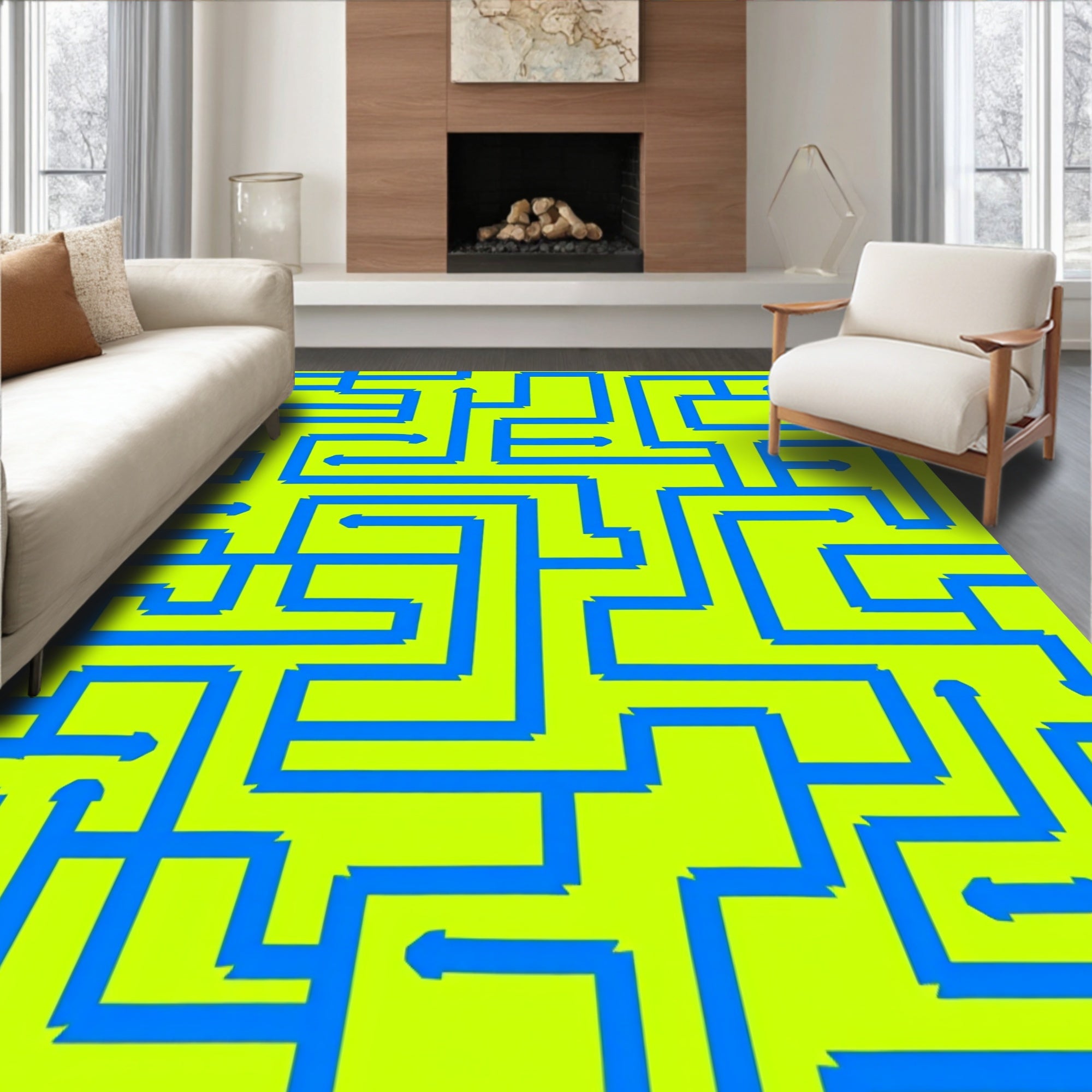 Blue Maze Patterned Graphic Rug