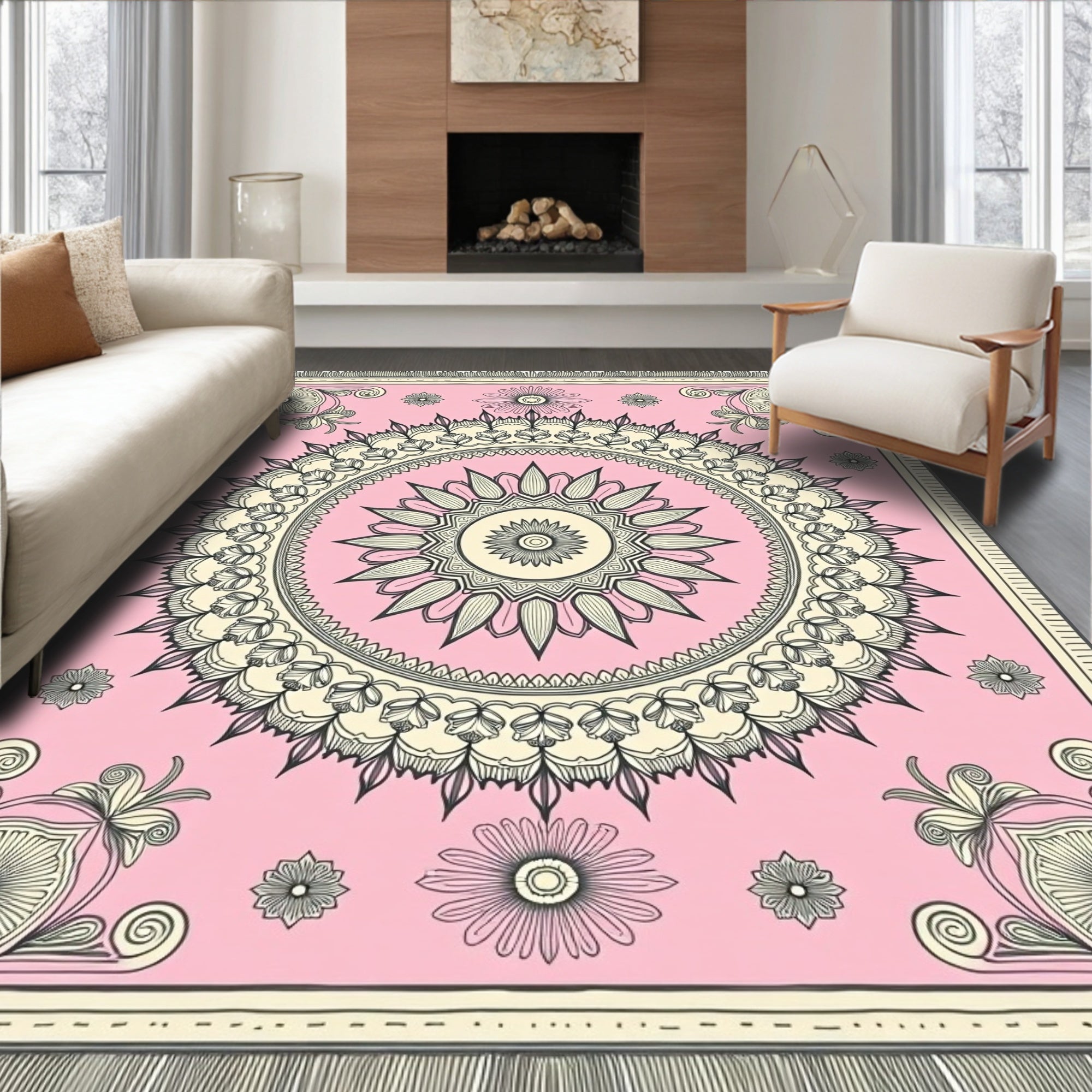 Pink Floral Medallion Mandala Square Rug
