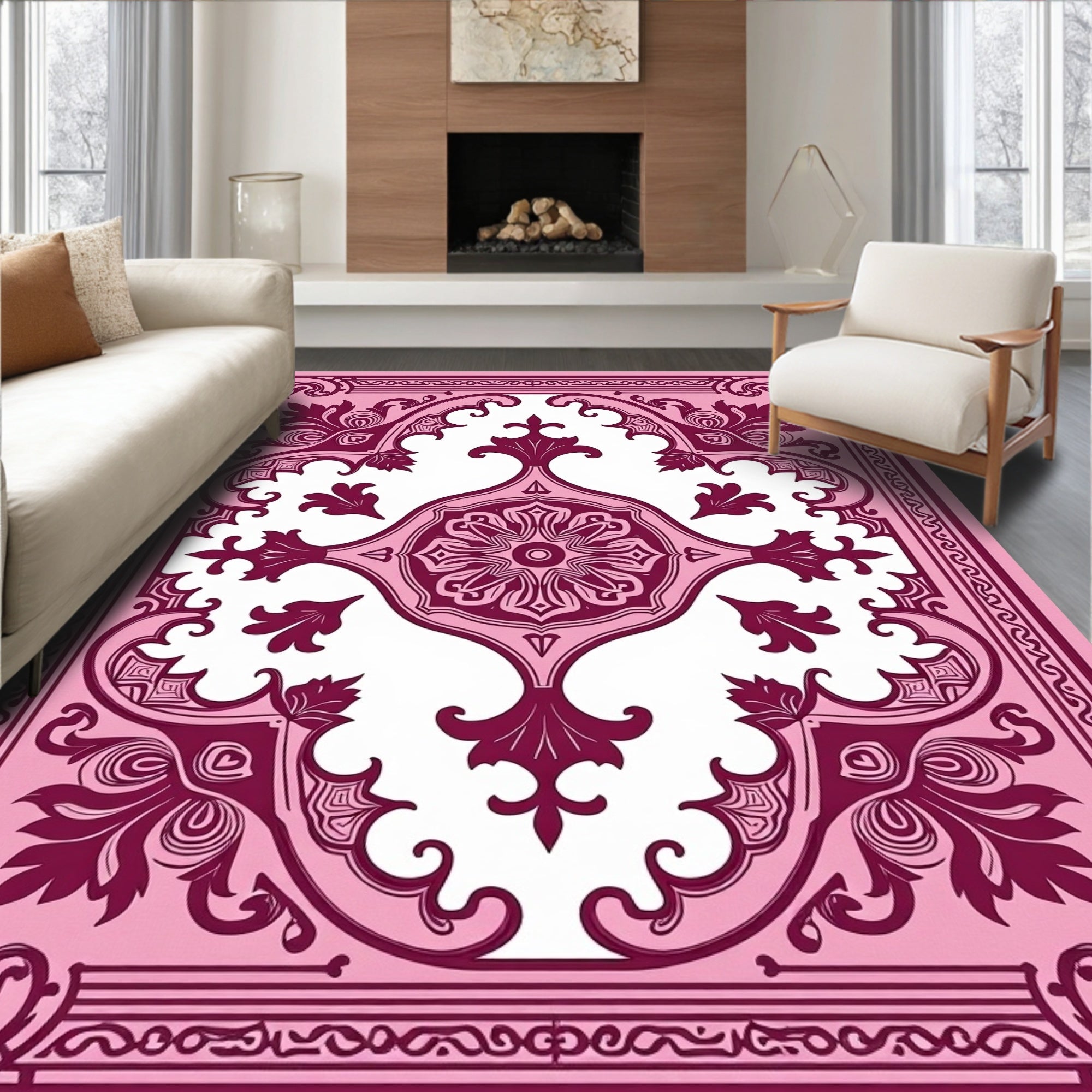 Dainty Pink Floral Medallion Frame Rug