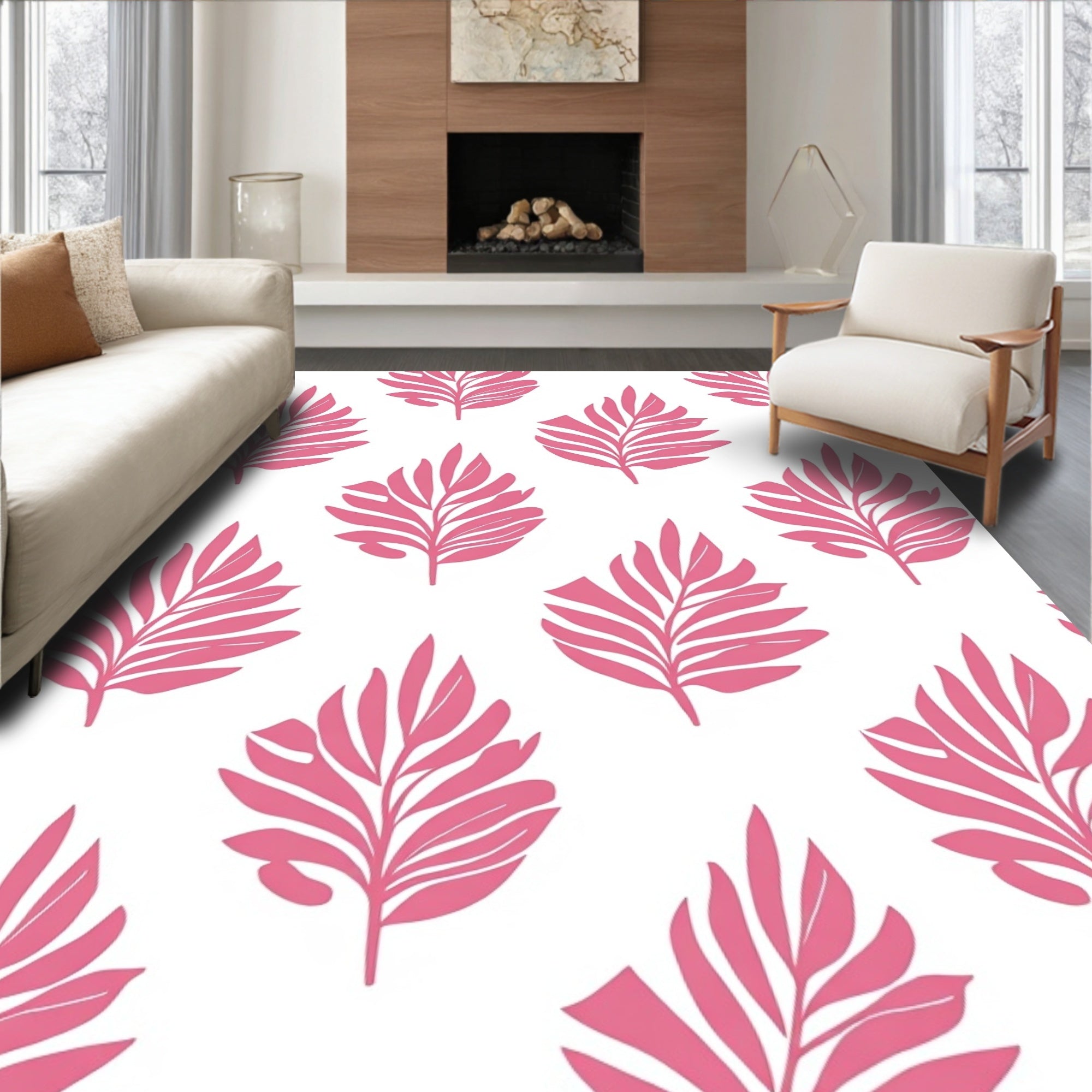Pink Leaf Patterned Textile Rug