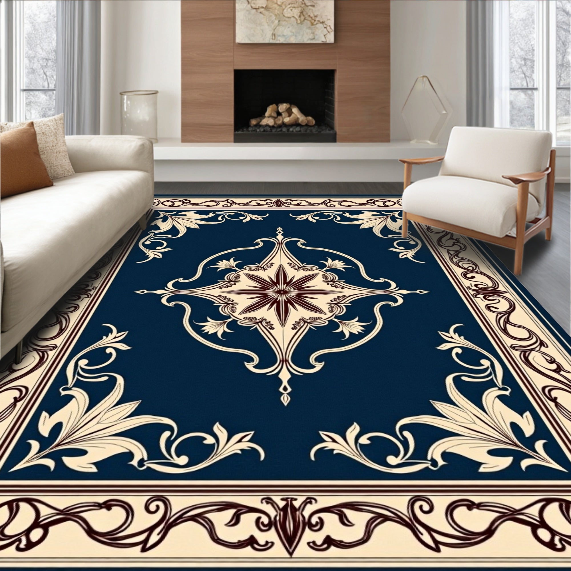 Art Nouveau Cream Blue Floral Border Rug