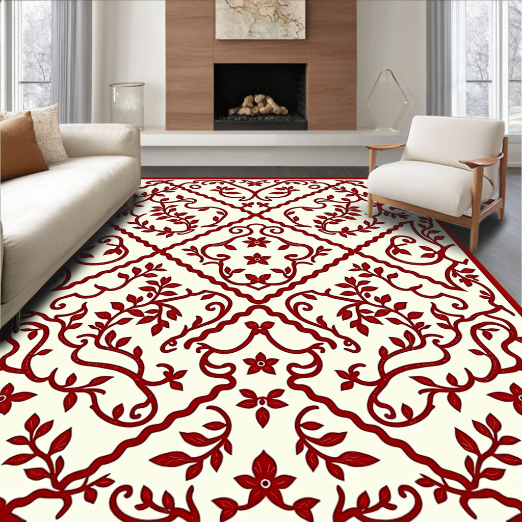 Red Floral Vine Patterned Rug
