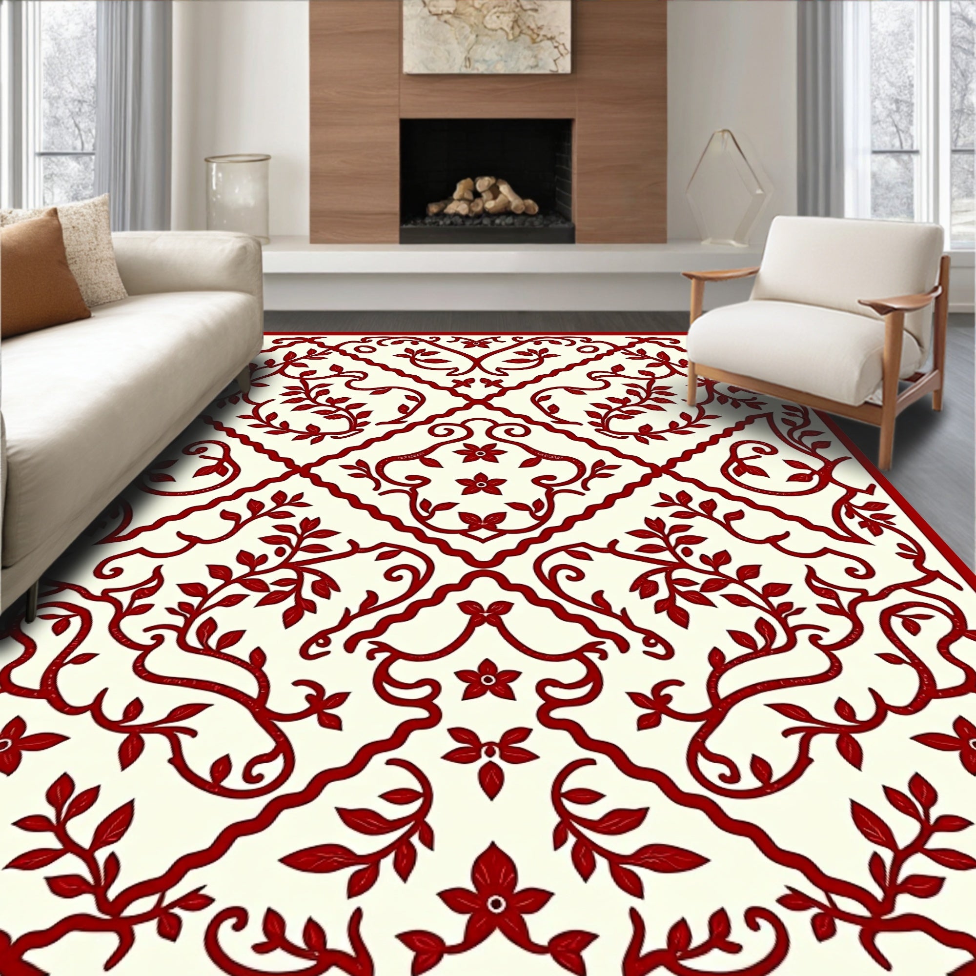 Red Floral Vine Patterned Rug