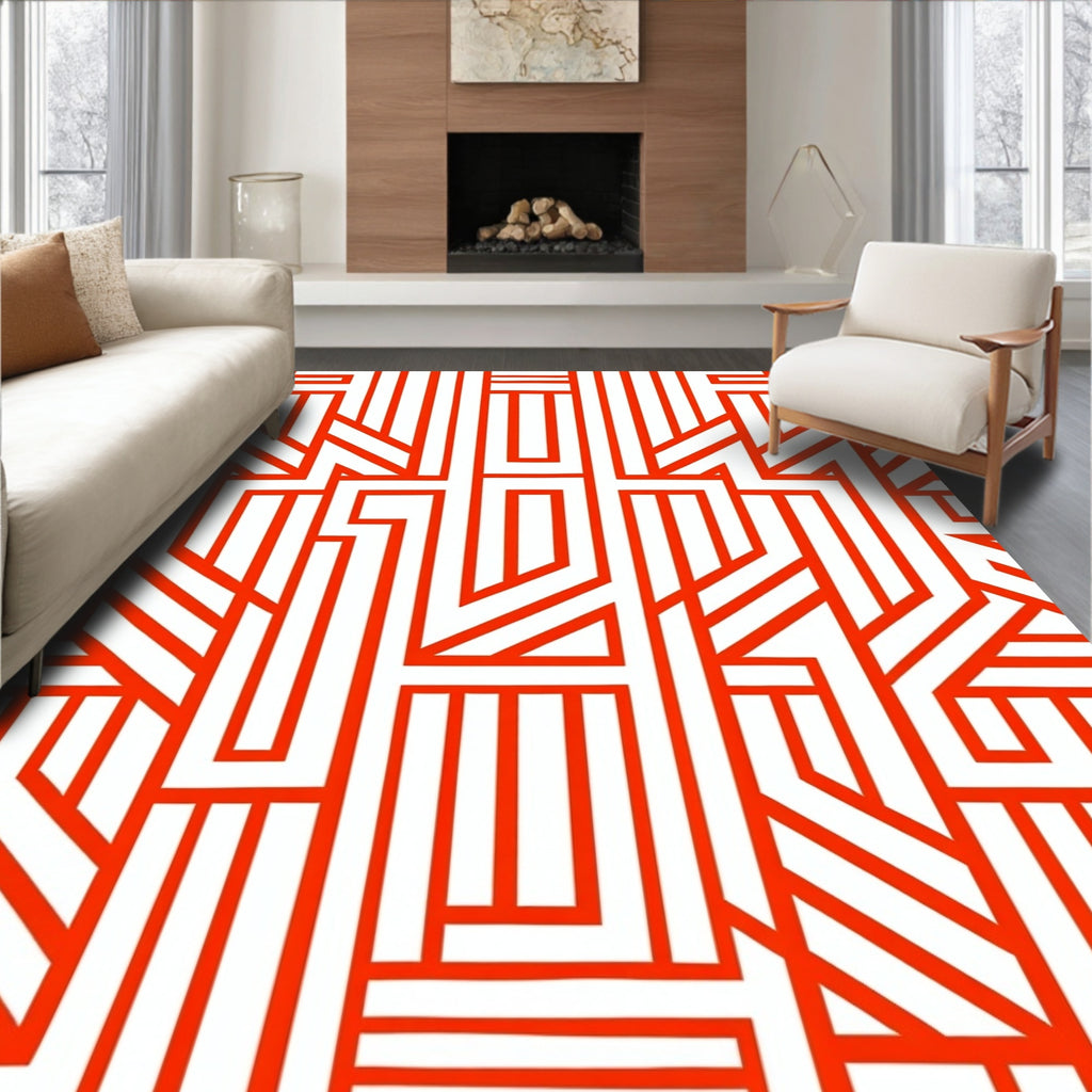 Red White Geometric Maze Pattern Rug