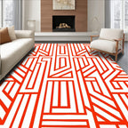 Red White Geometric Maze Pattern Rug
