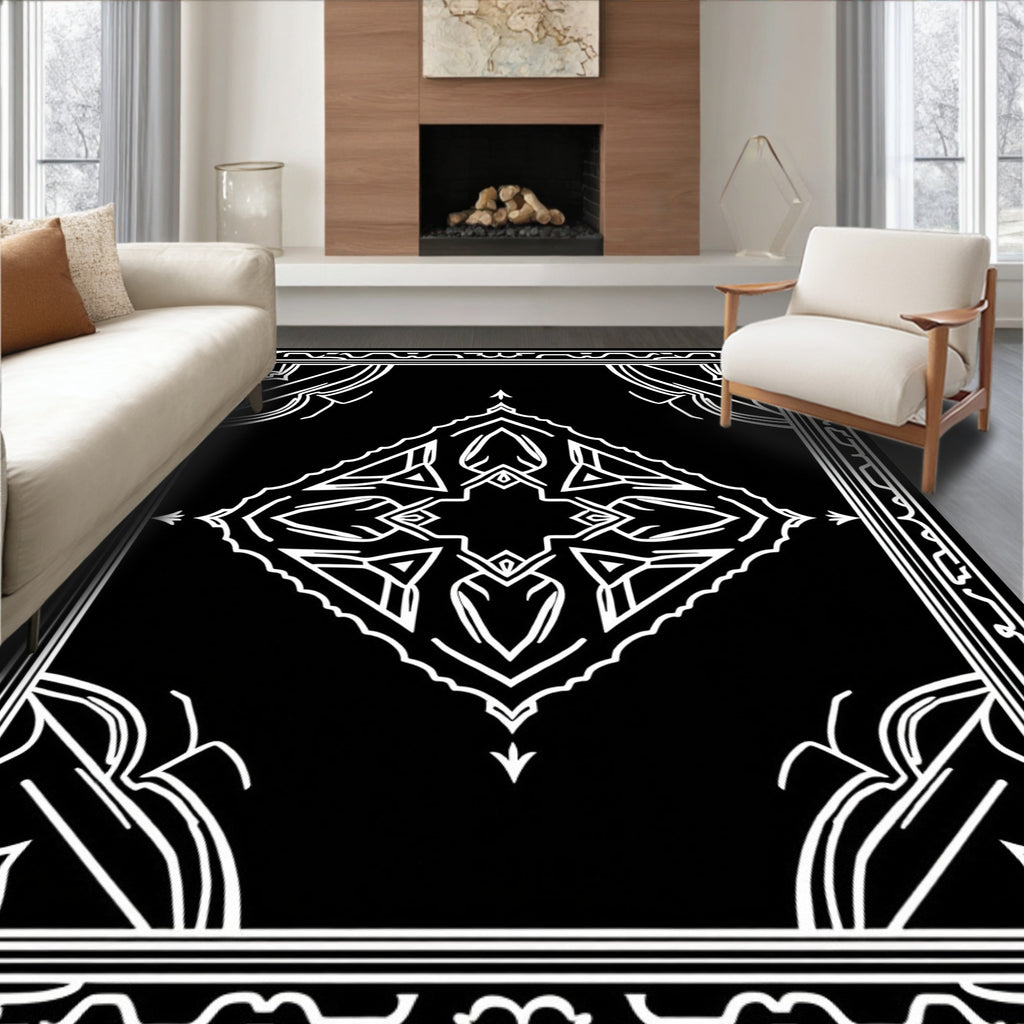 Ornate Black White Tribal Design Rug