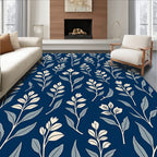 Navy Blue Botanical Leaf Pattern Rug