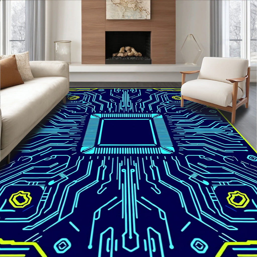 Circuit Board Blue Yellow Design Rug