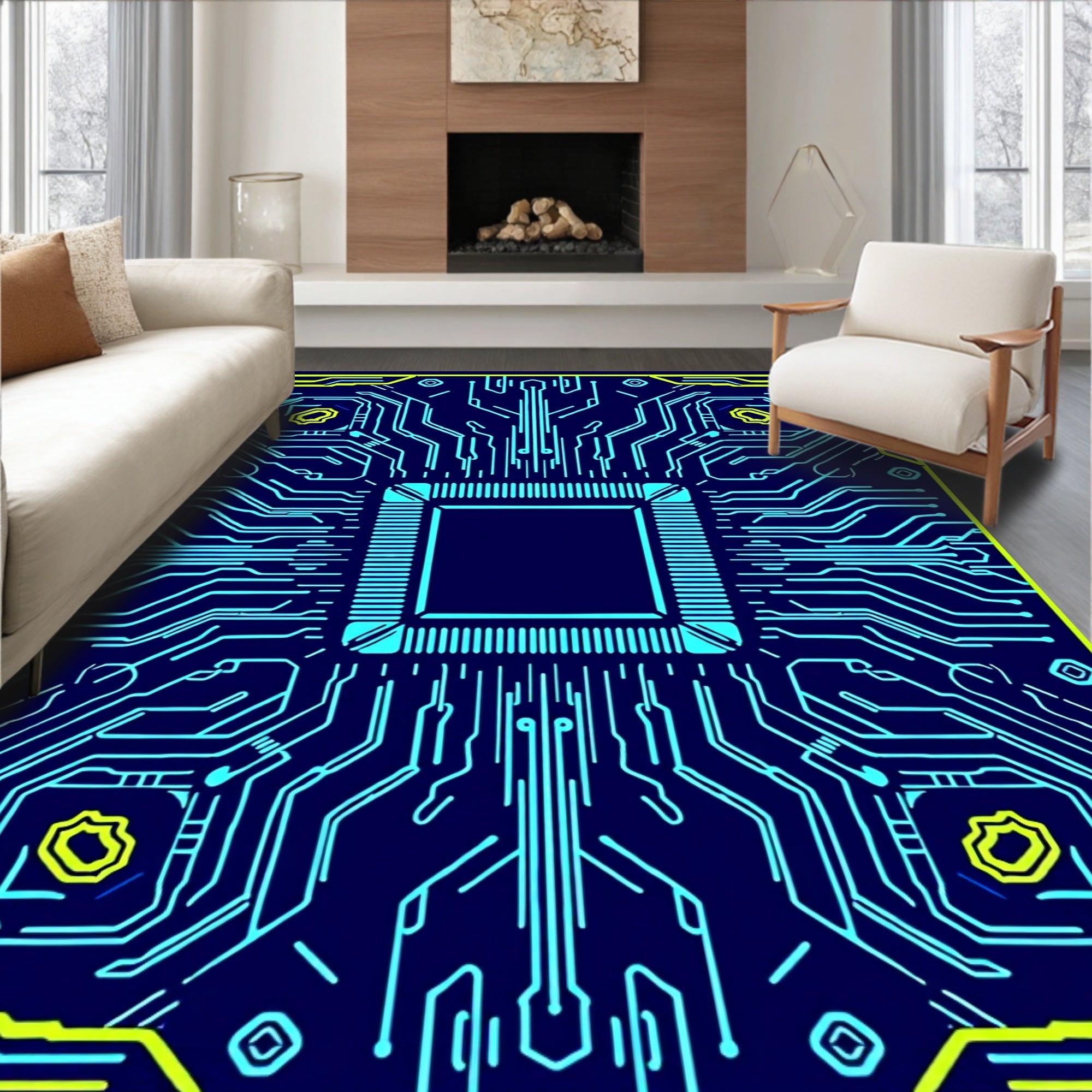 Circuit Board Blue Yellow Design Rug
