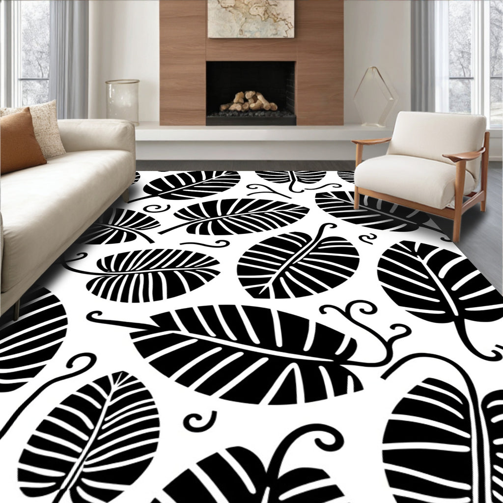 Bold Black Leaf Pattern Design Rug