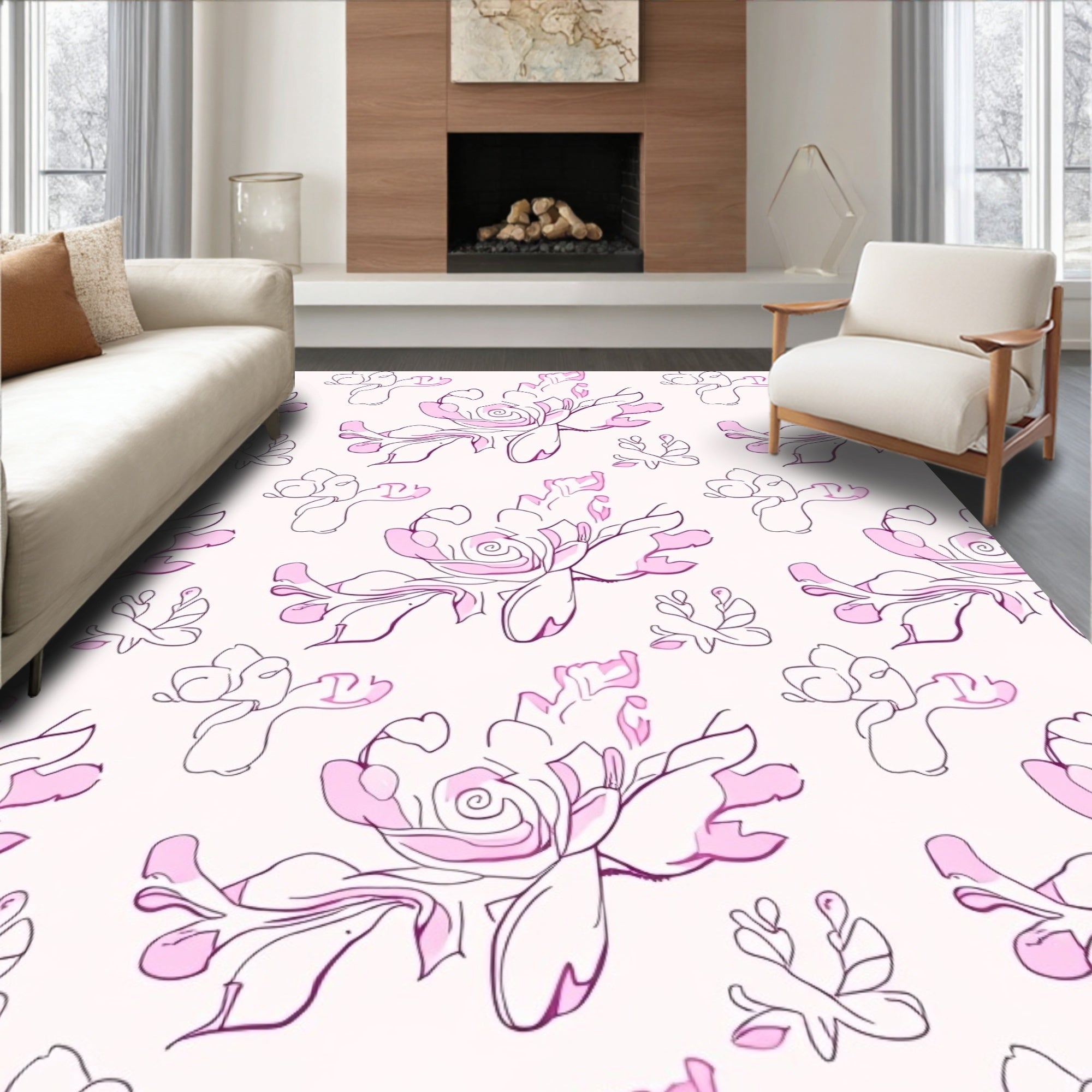 Playful Pink Floral Line Art Rug