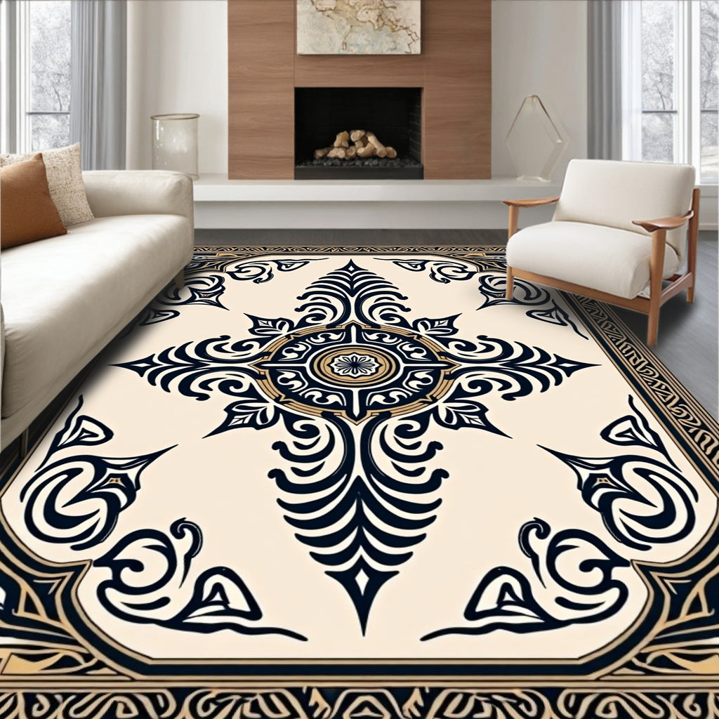 Elegant Black Gold Abstract Floral Rug