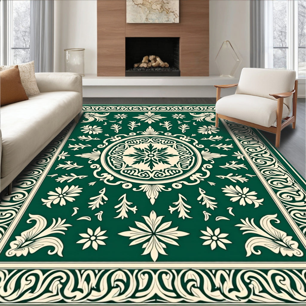 Elegant Floral Vine Dark Green Rug
