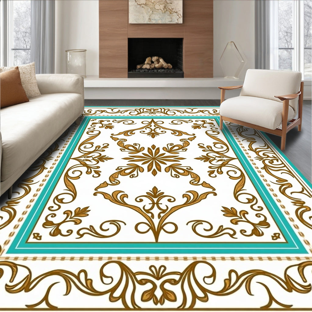 Elegant Gold Teal Scrollwork Pattern Rug