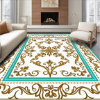Elegant Gold Teal Scrollwork Pattern Rug