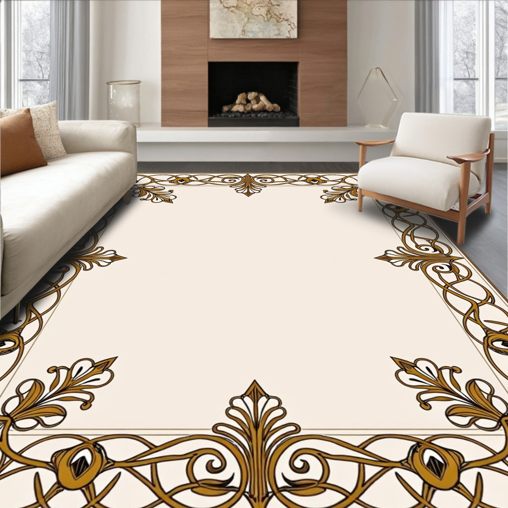 Intricate Golden Floral Vine Frame Rug
