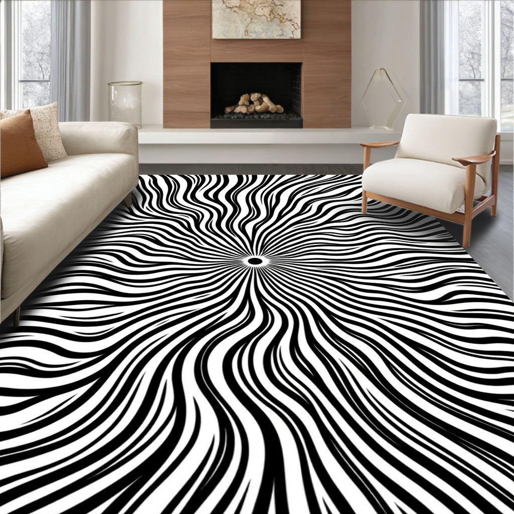 Radial Black White Stripe Pattern Rug