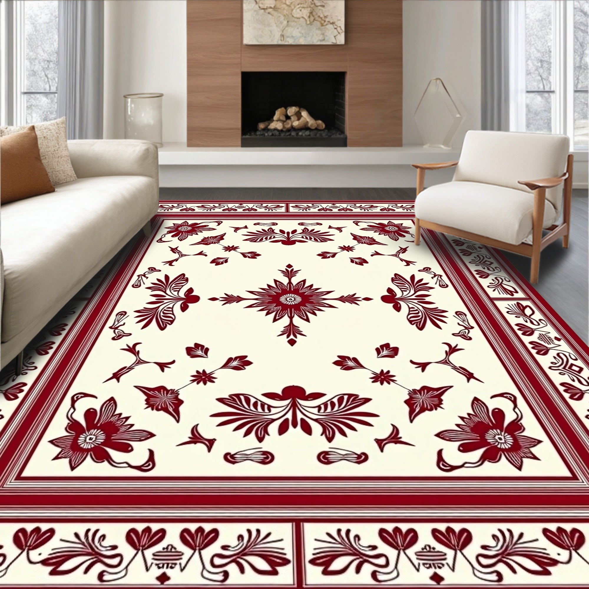 Red Floral Medallion Border Rug