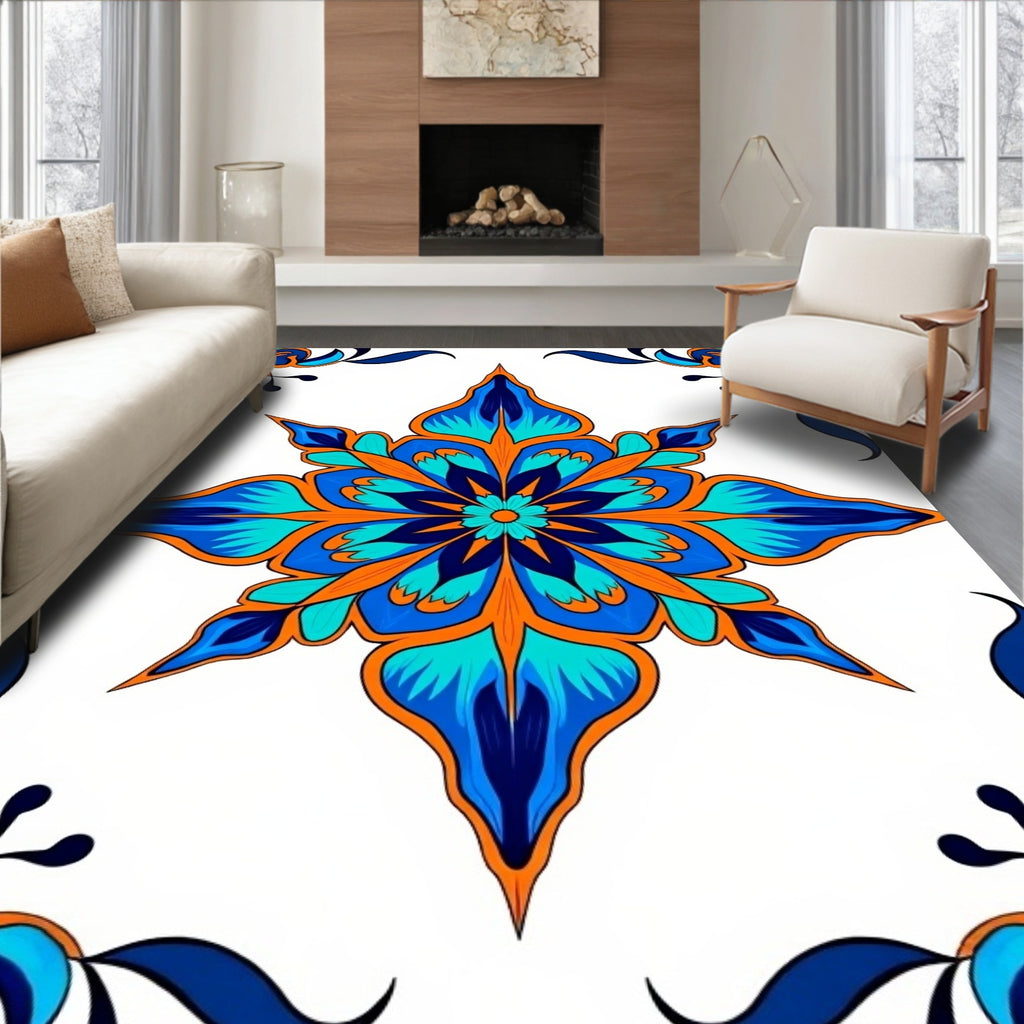 Ornate Blue Orange Floral Medallion Rug