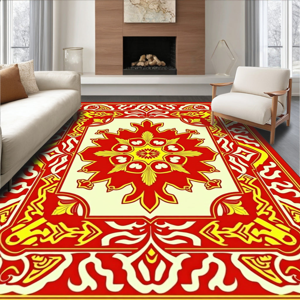 Bold Red Yellow Elaborate Floral Pattern Rug