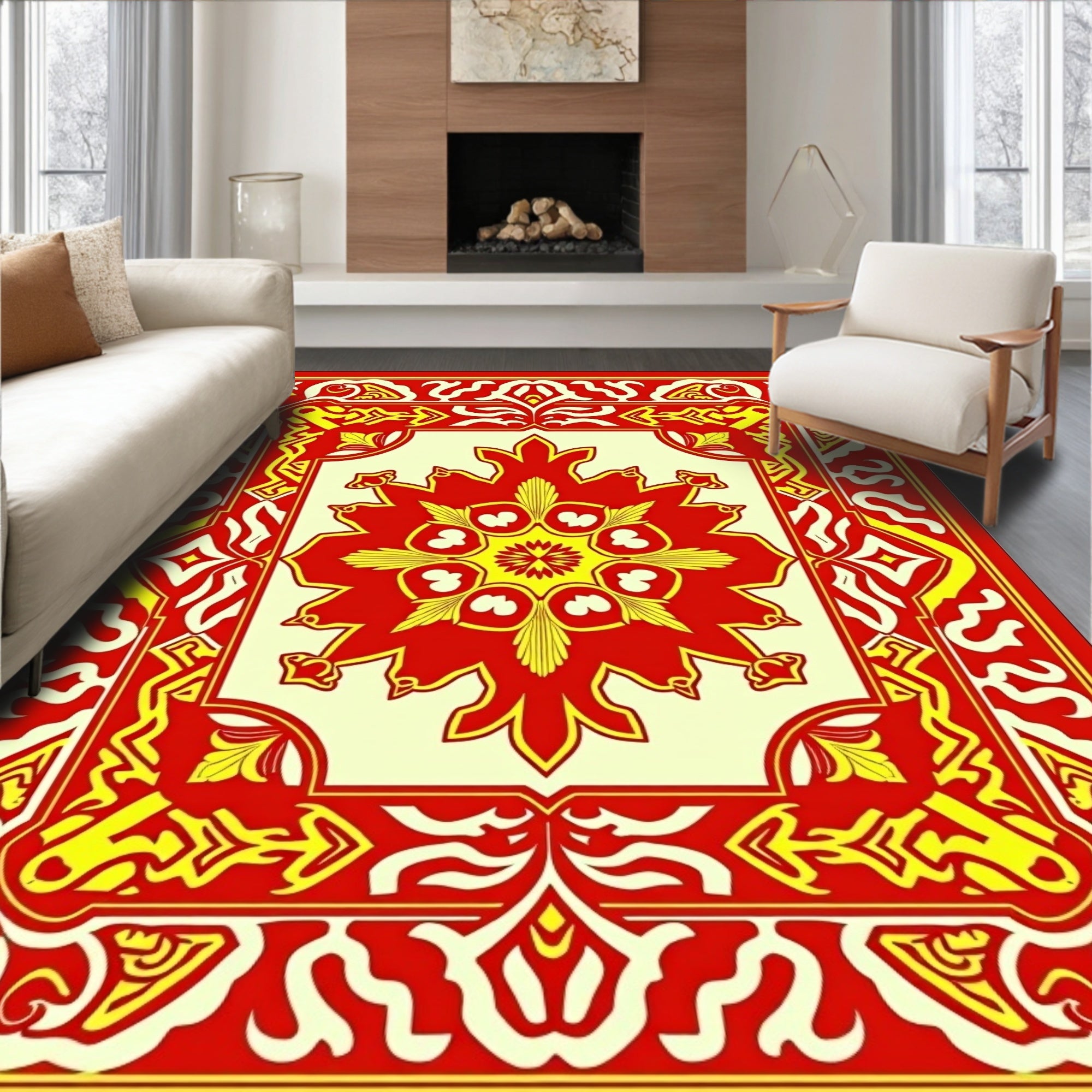 Bold Red Yellow Elaborate Floral Pattern Rug