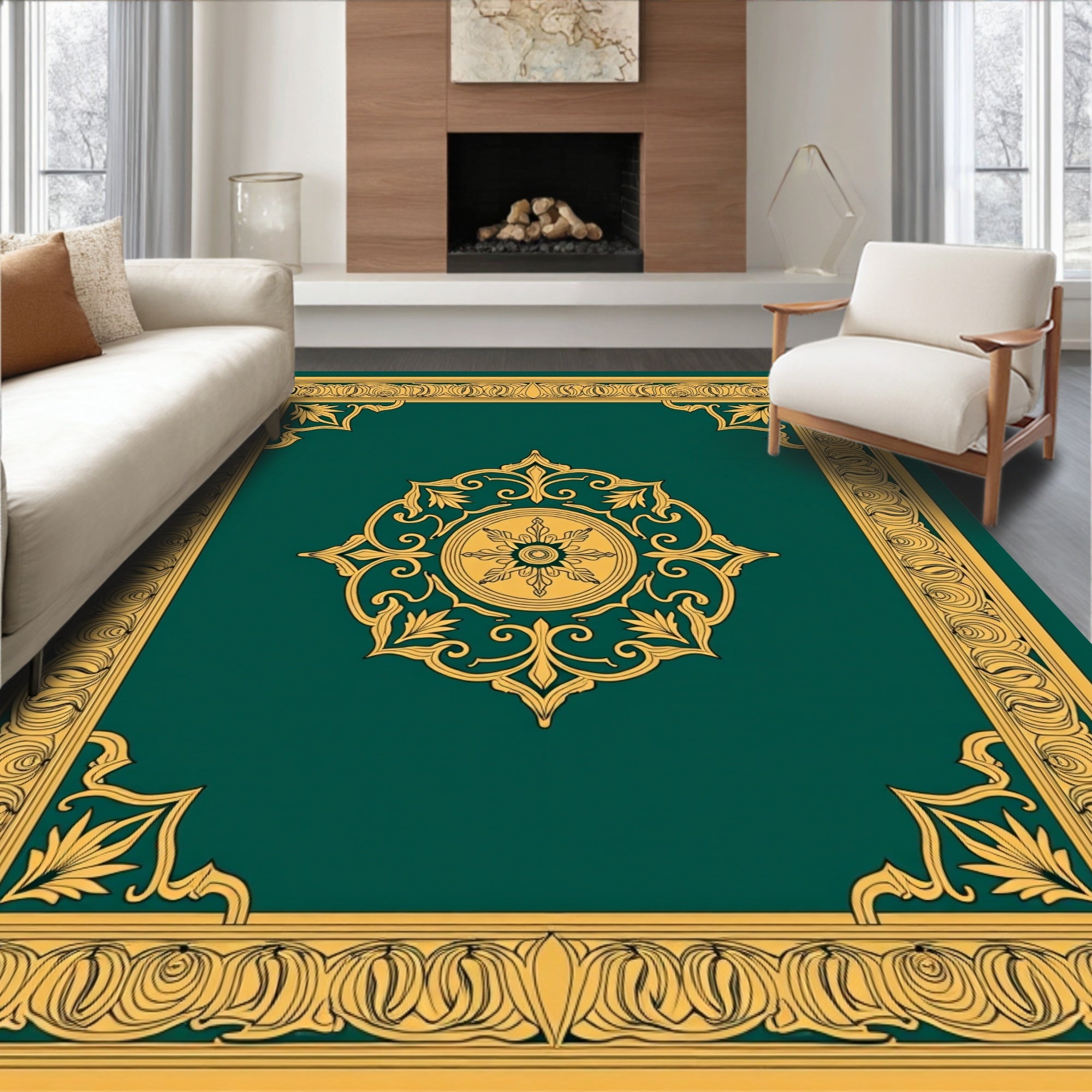 Ornate Gold Medallion Border Design Rug