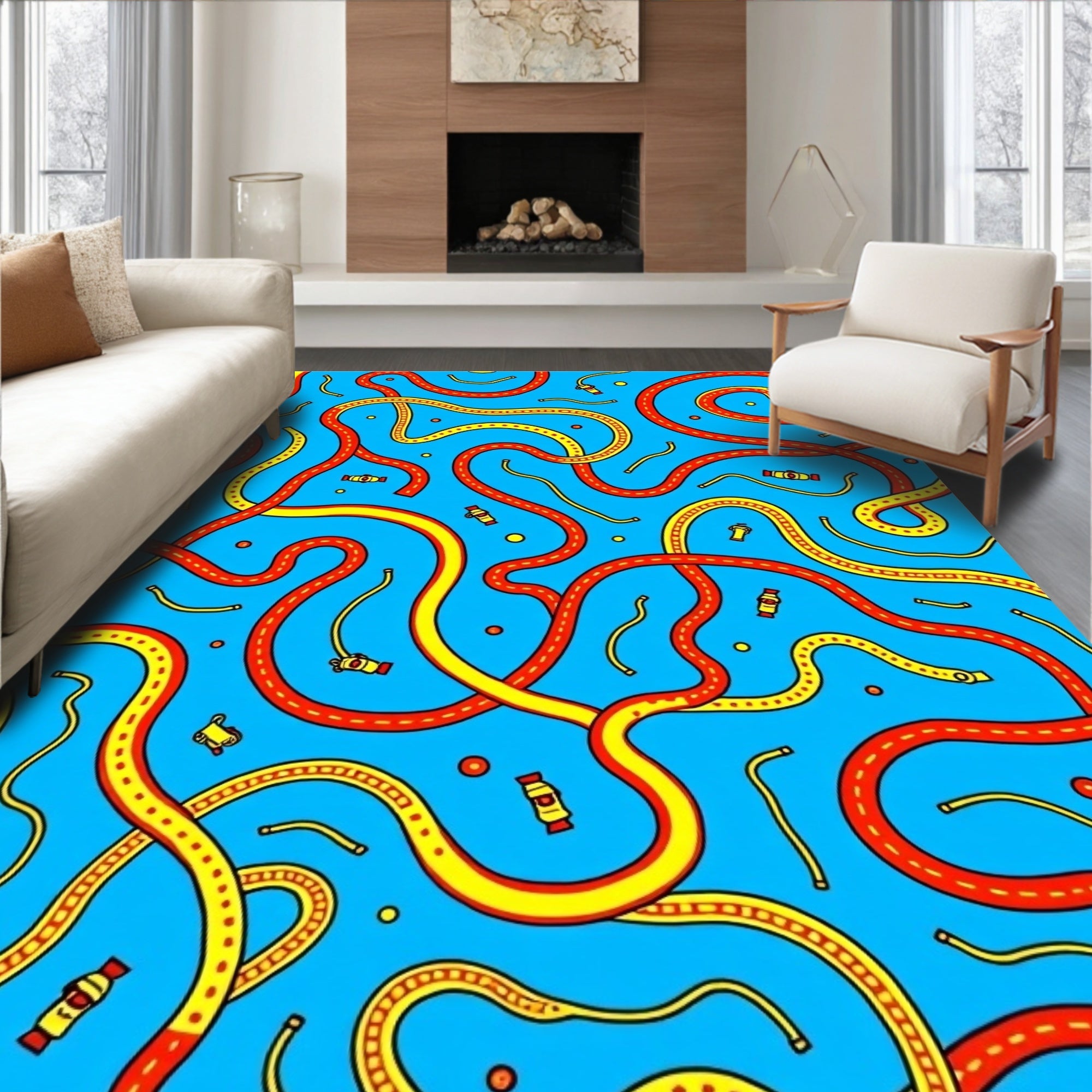 Blue Red Yellow Intertwined Road Layout Rug