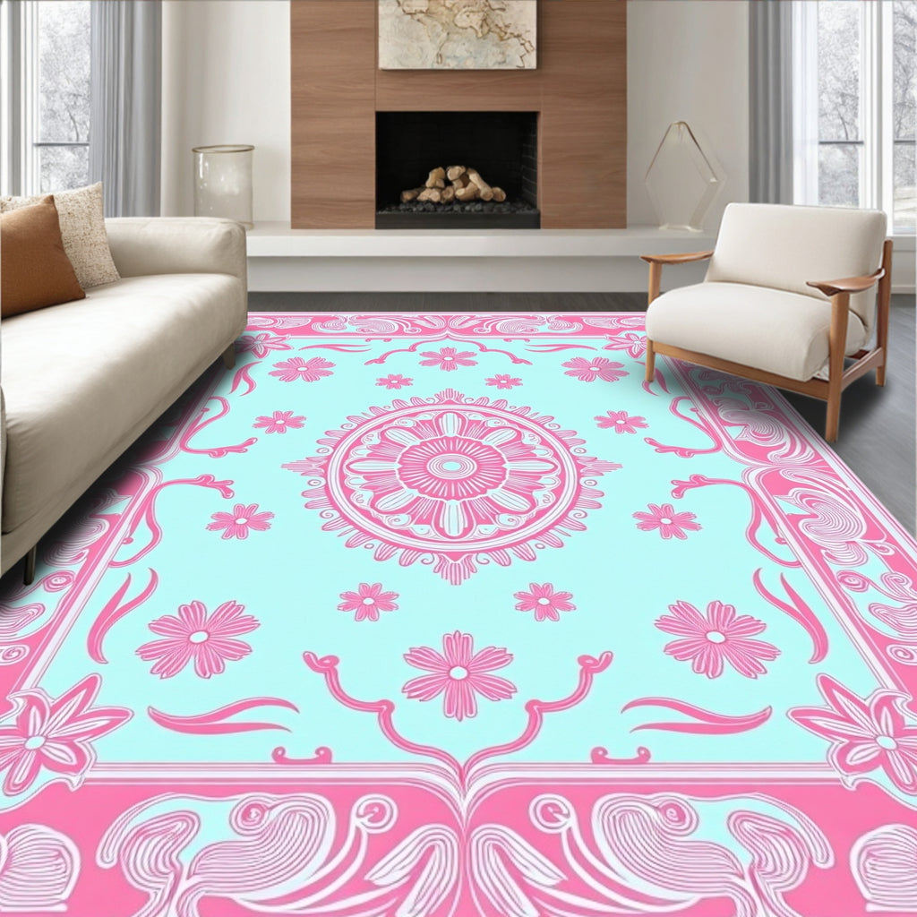 Pink Floral Mandala Outline Rug
