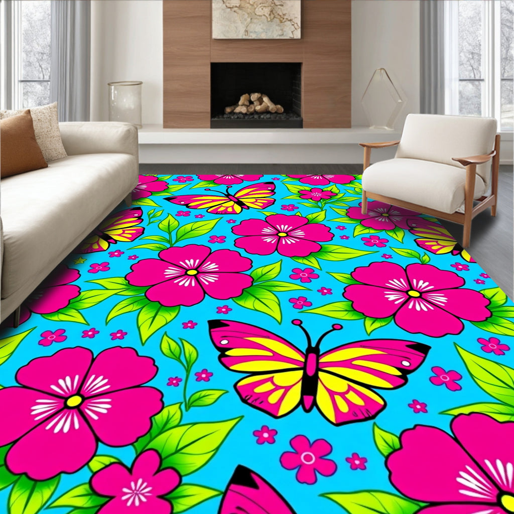 Vibrant Butterflies And Floral Pattern Rug